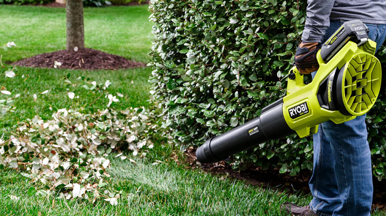 A man using a Ryobi leaf blower