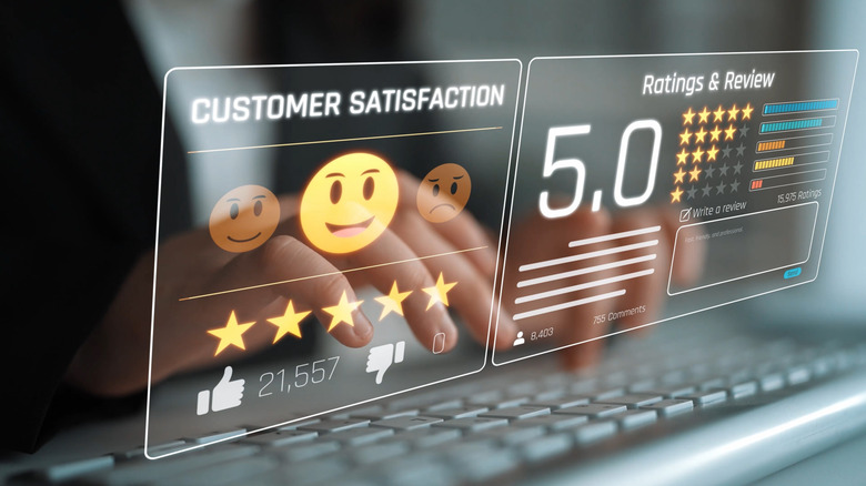Holographic images of customer satisfaction emojis and ratings and reviews