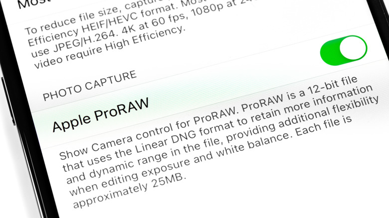 An iPhone showing ProRAW settings
