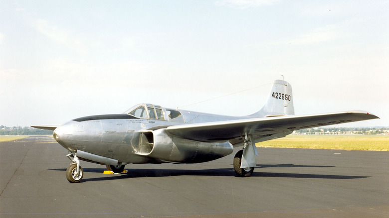 Bell P-59B Airacomet jet fighter on display outdoors seen from left front