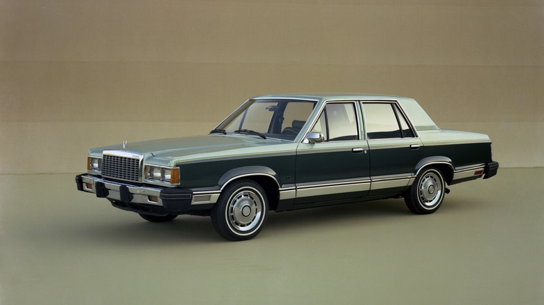 Two-tone green 1981 Ford Granada L sedan seen from left front in studio