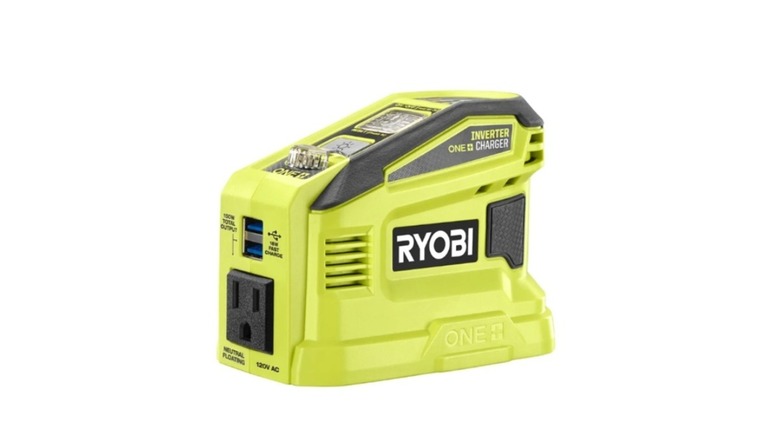 Green portable power supply bearing the Ryobi brand name