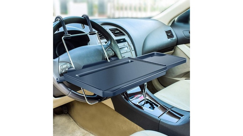 Xergur 2-in-1 car tray for laptop mounted on a steering wheel