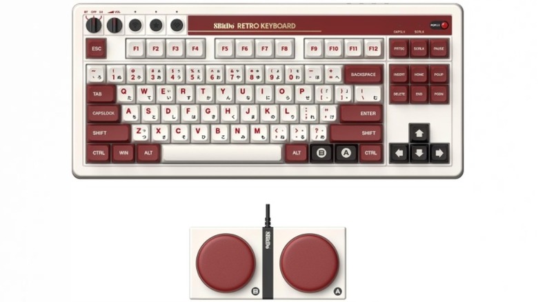 The 9Bitdo Fami-themed retro keyboard. Note the giant 'super buttons.'