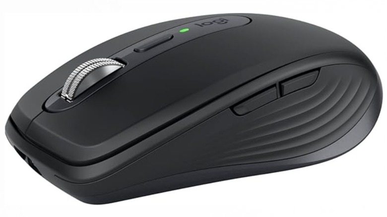 Close-up of the LogitechMX Anywhere 3S Compact Wireless Mouse. Note the buttons and ergonomic curves on the side