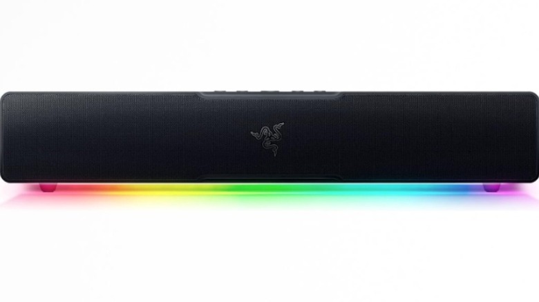 Razer Leviathan V2 X PC Soundbar. Notice the fancy lights beneath the unit and the buttons on top.
