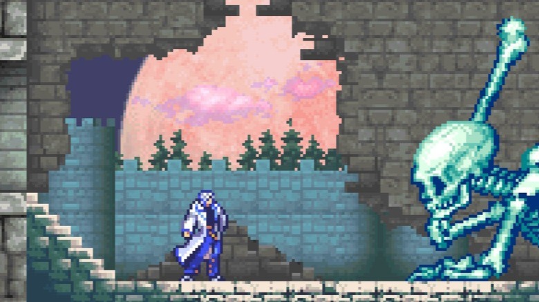 Soma battling a giant skeleton in Aria of Sorrow