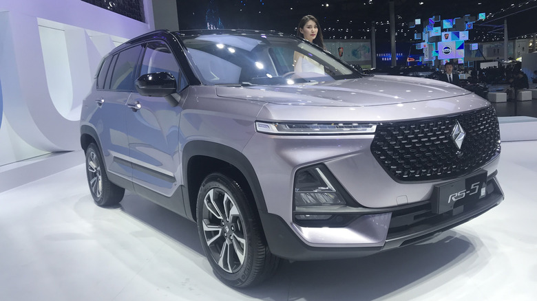 Gray Baojun RS-5 SUV seen from right front at car show