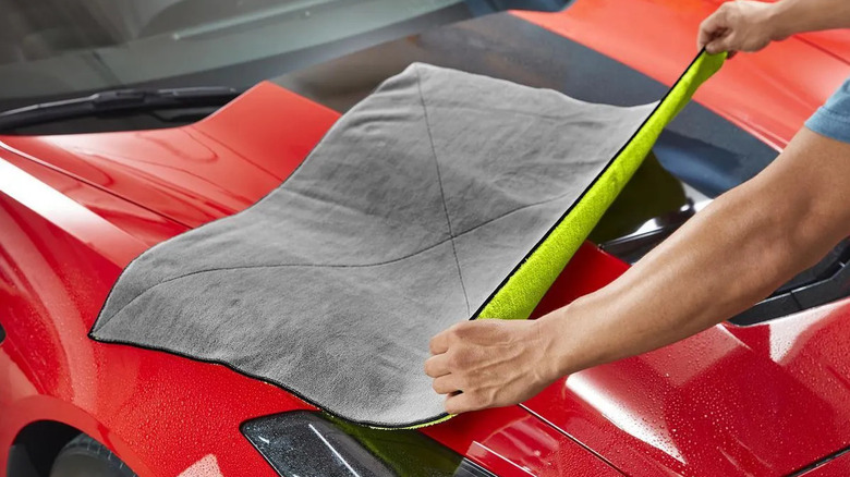 Drying a Chevrolet Corvette with a Grant's microfiber towel