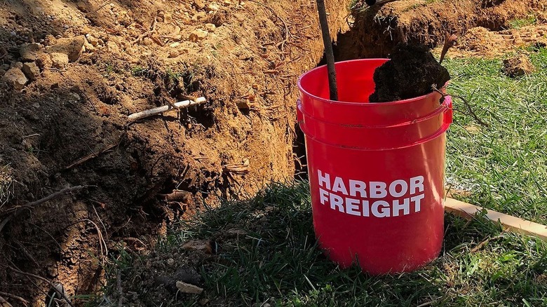 Harbor Freight 5 gallon bucket in a yard next to an excavated ditch