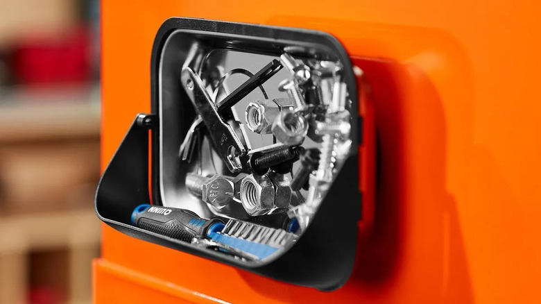Pittsburgh magnetic parts tray attached to the side of an orange tool chest
