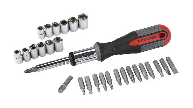 Pittsburgh multi-bit ratcheting screwdriver with bits on a white background.