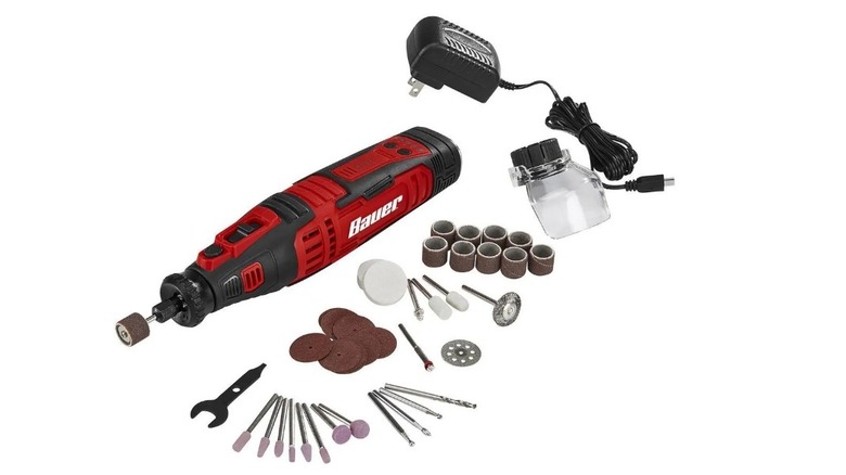 Stock photo of a Bauer brand rotary tool kit with multiple attachments