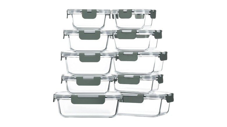 Two stacks of glass food storage containers in various sizes