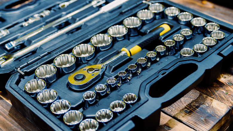 closeup of an open socket set in its case