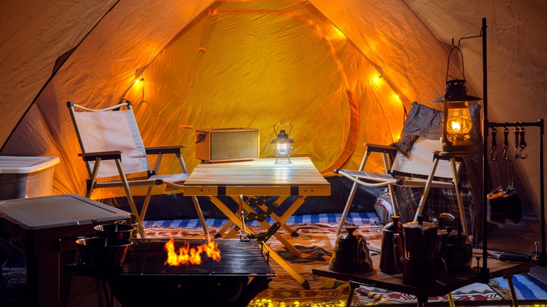 inside a comfortable tent