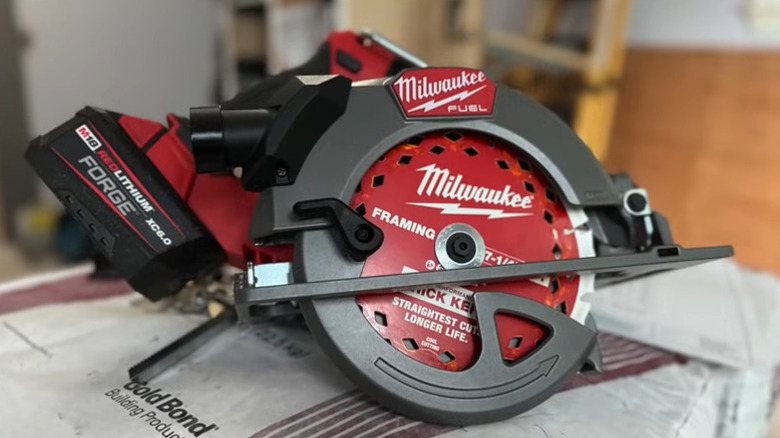 Circular saw resting on a bag
