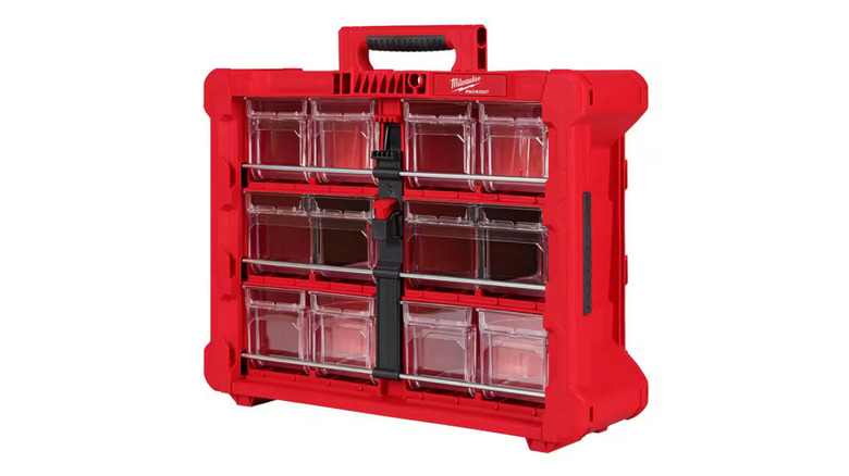 A bright red bin organizer from Milwaukee
