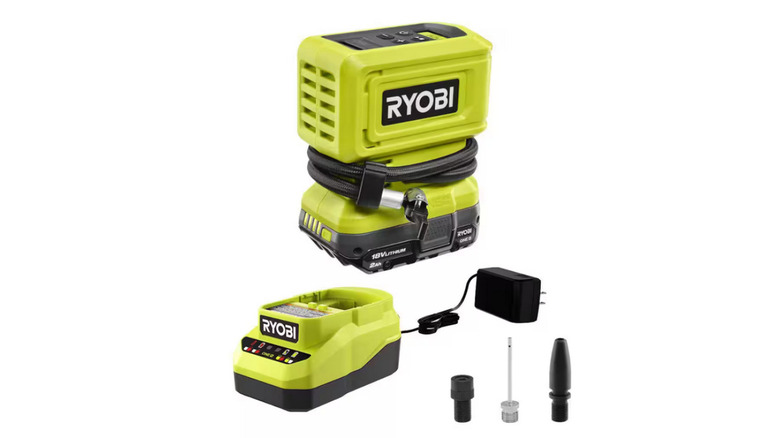 The cordless 18V battery-powered 18V High Pressure Inflator from Ryobi with a battery charger and accessories
