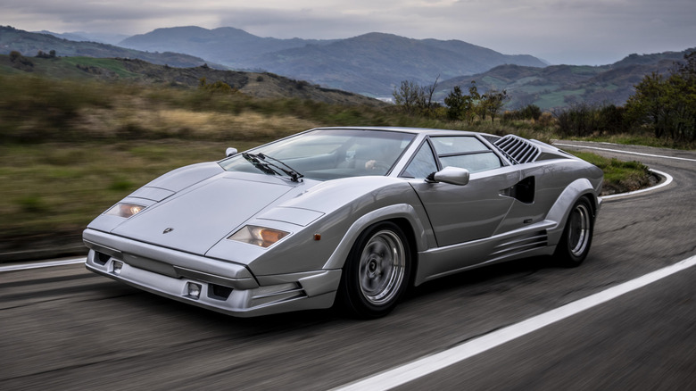 Silver Lamborghini Countach 25th Anniversary on the road