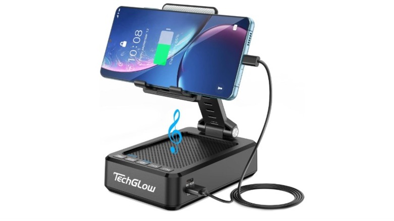Phone stand with a smartphone mounted horizontally