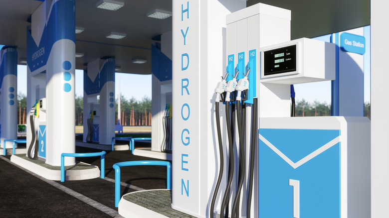 A blue and white hydrogen fueling station for vehicles.