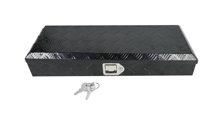 The Confote 34 Inch Aluminum Stripes Plated Tool Box for pickup trucks, very short, with a pair of keys in frame