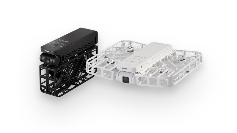 The HOVERAir X1 folded and unfolded over a white background