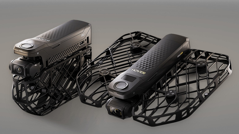 The HOVERAir X1 Pro folded and unfolded over a gray background