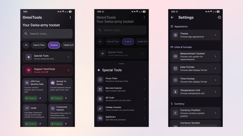 The home page, special tools page, and the settings page of the OmniTools Android app