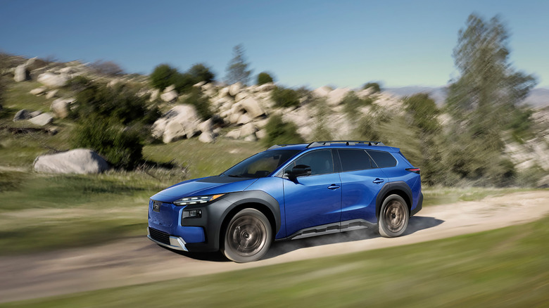2026 Subaru Trailseeker fast driving on dirt front 3/4 view