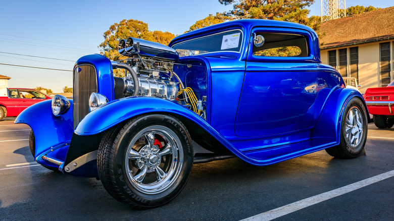 blue hot rod front three quarters