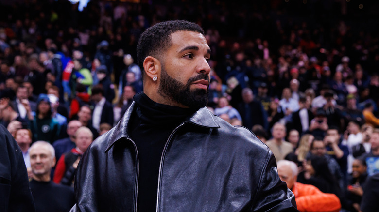 Rapper Drake at an NBA game between the Toronto Raptors and the Golden State Warriors.
