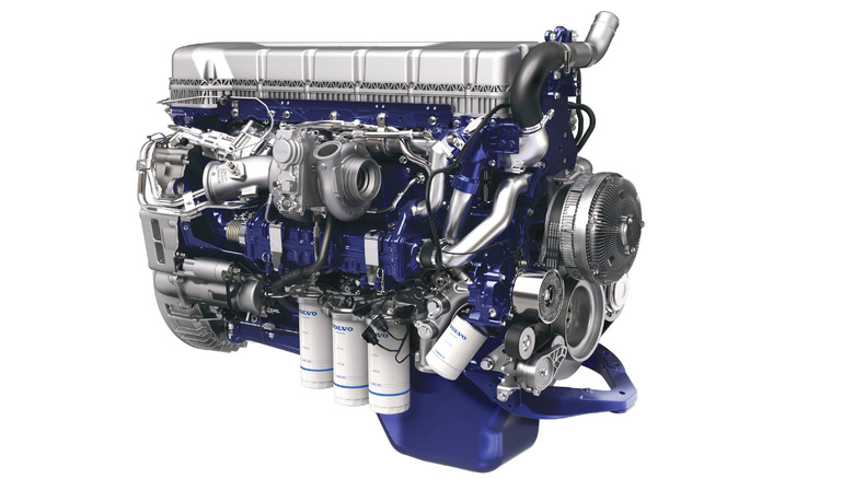 A Blue and silver Volvo D11 engine, side view