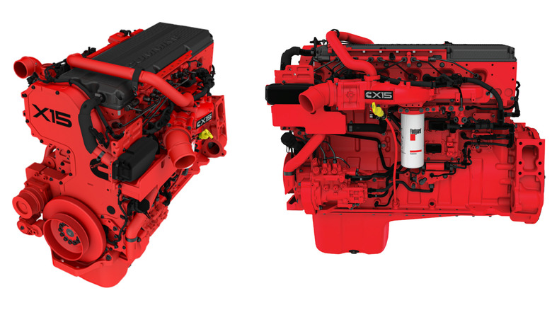 A fire-engine red X-15 engine from Cummins,, side view seen