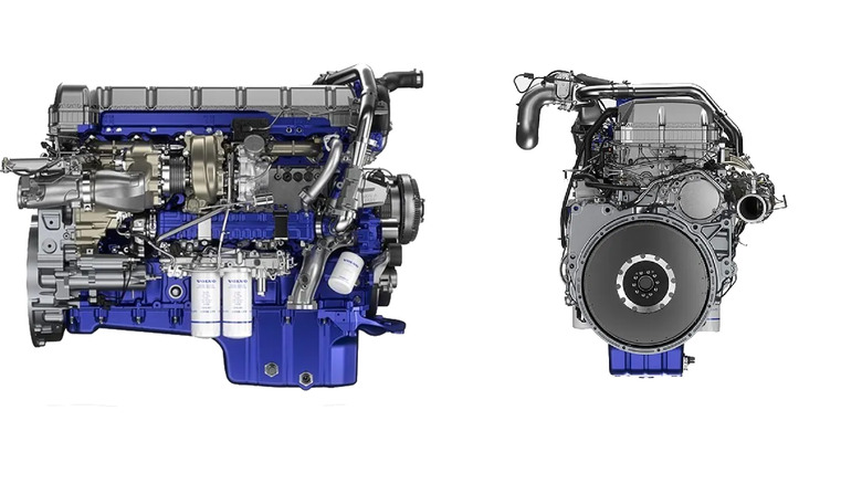 A Blue and silver Volvo D13 engine, side view
