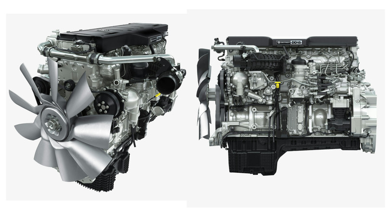 A silver Detroit DD15 engine, front and side view