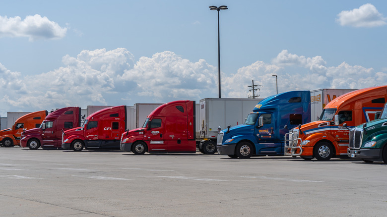 Seven semi trucks parked at a rest stop in the afternoon, clear blue skies in the background
