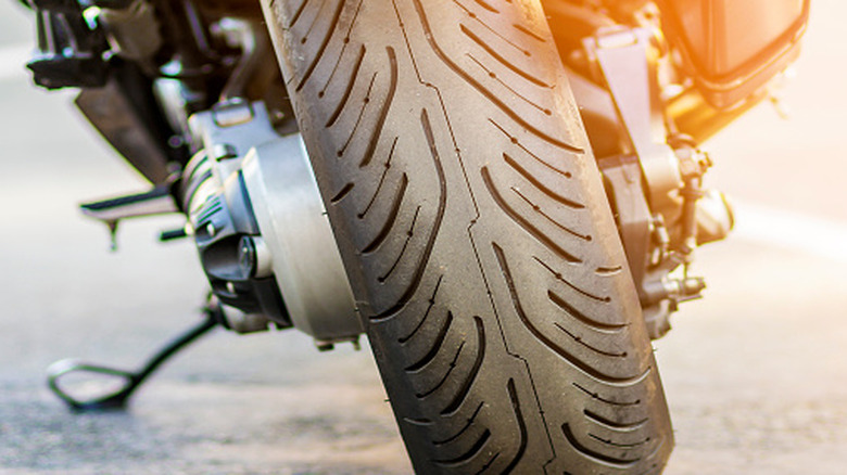 The rear tire of a motorcycle