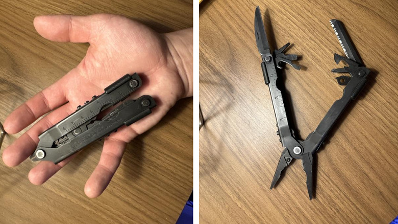 Two images of a black Gerber Multi-Plier 600 multitool, folding in the palm of a person's hand and unfolded on a wooden surface