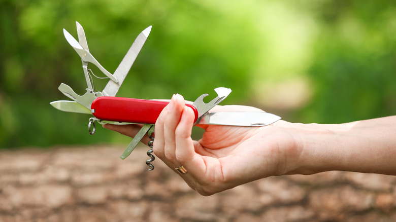 A person holding a Swiss army knife multitool in their hand
