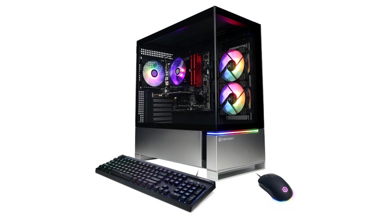 Pre-built CyberPowerPC gaming desktop with keyboard and mouse