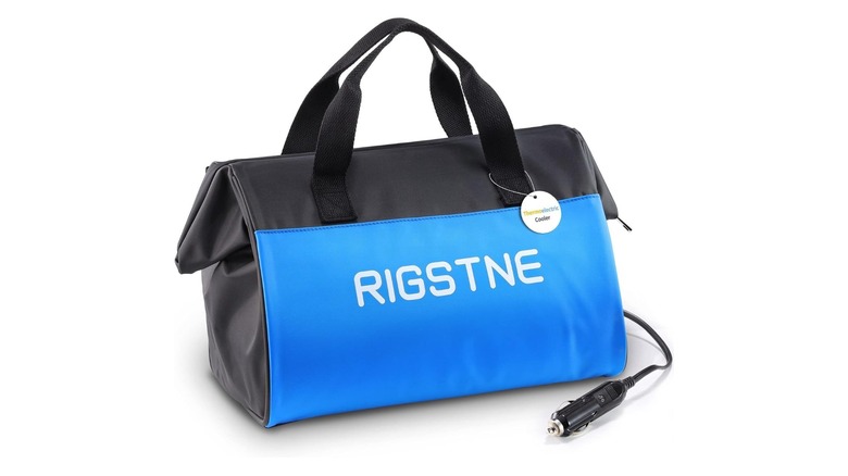 Stock photo of a blue and black electric cooler bag with handle