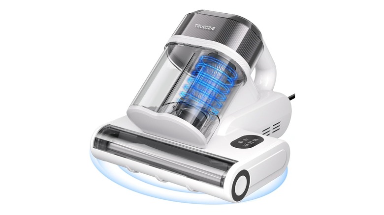 Stock photo of a white vacuum showing a blue light-up spiral