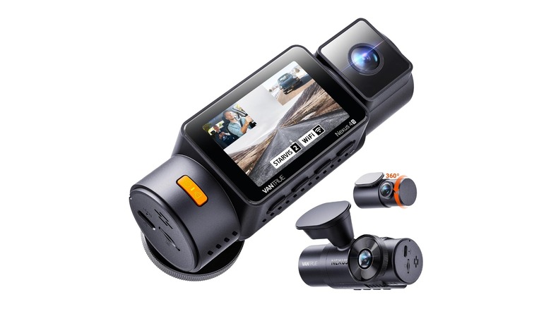 Stock photo of a black dash cam with screen