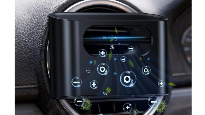 Black electronic device on a car vent showing symbols
