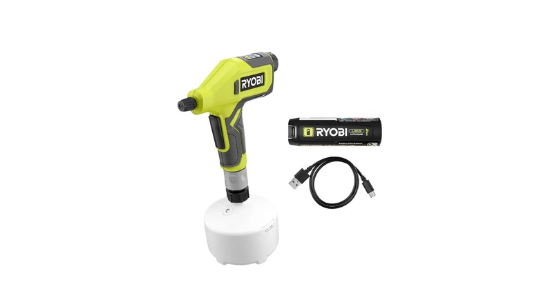 The Ryobi USB Lithium Compact Chemical Sprayer with a battery and cable
