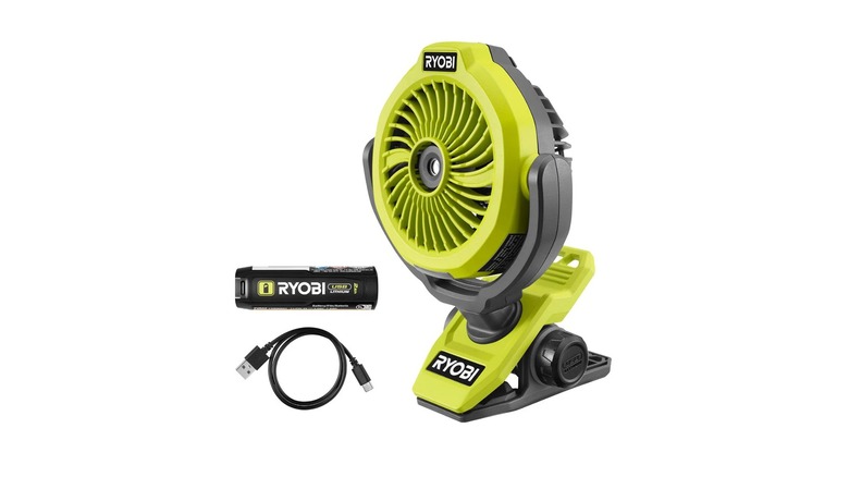 Ryobi's USB Lithium Misting Fan with a battery and a USB cable near it