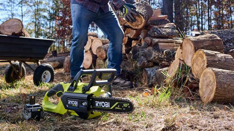 Ryobi chainsaw near logs