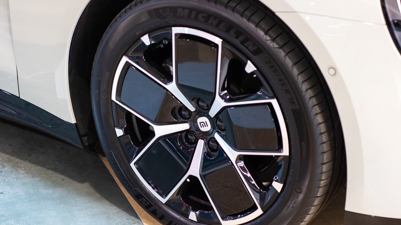 closeup of a michelin tire on a car